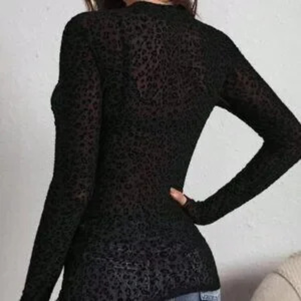 Black Sexy Women's Elegant Mesh Leopard Long Sleeve Top - Picture 2 of 5